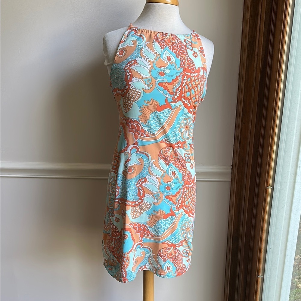 J. McLaughlin Sleeveless Dress Dragon Print Orange light Blue XS EUC
